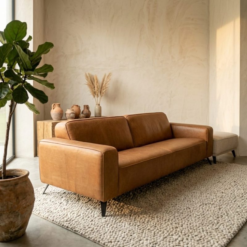 Luik 4 zits vintage leder cognac, in zwart, sfeerimpressie