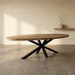 Moderne eettafel met houten blad en zwart metalen onderstel, perfect voor een stijlvolle eetkamer of woonkamer. Duurzaam en elegant design voor een warme, natuurlijke uitstraling.