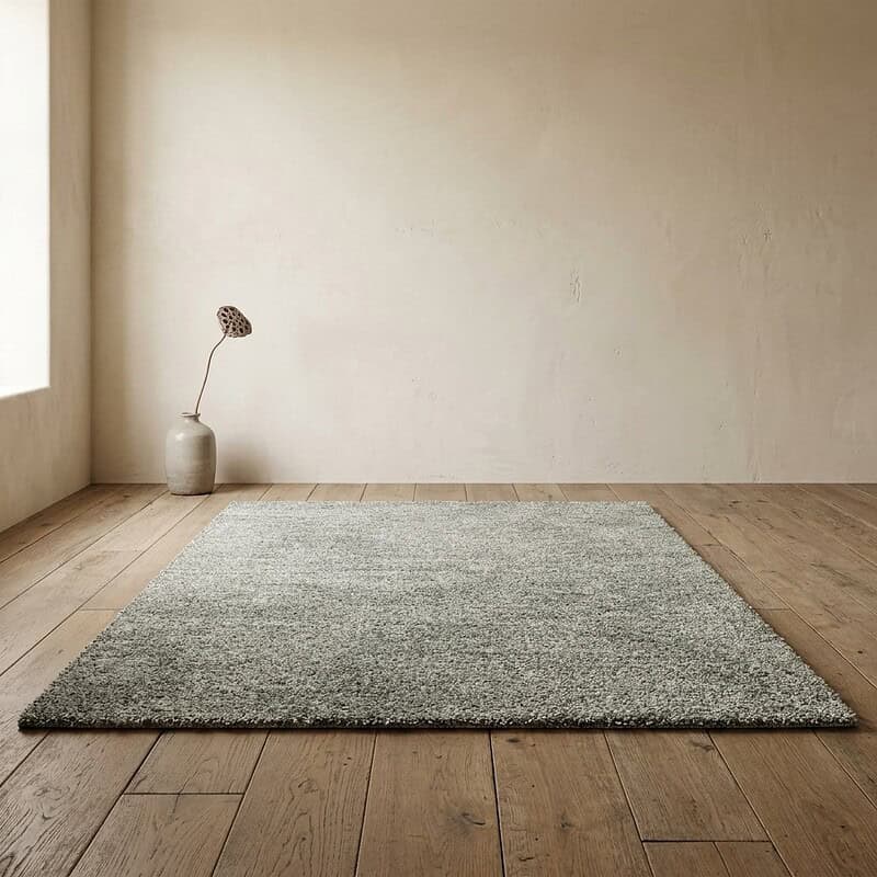 Eenvoudig grijs tapijt op houten vloer in een minimalistische kamer met een vaas en een lamp op de achtergrond.