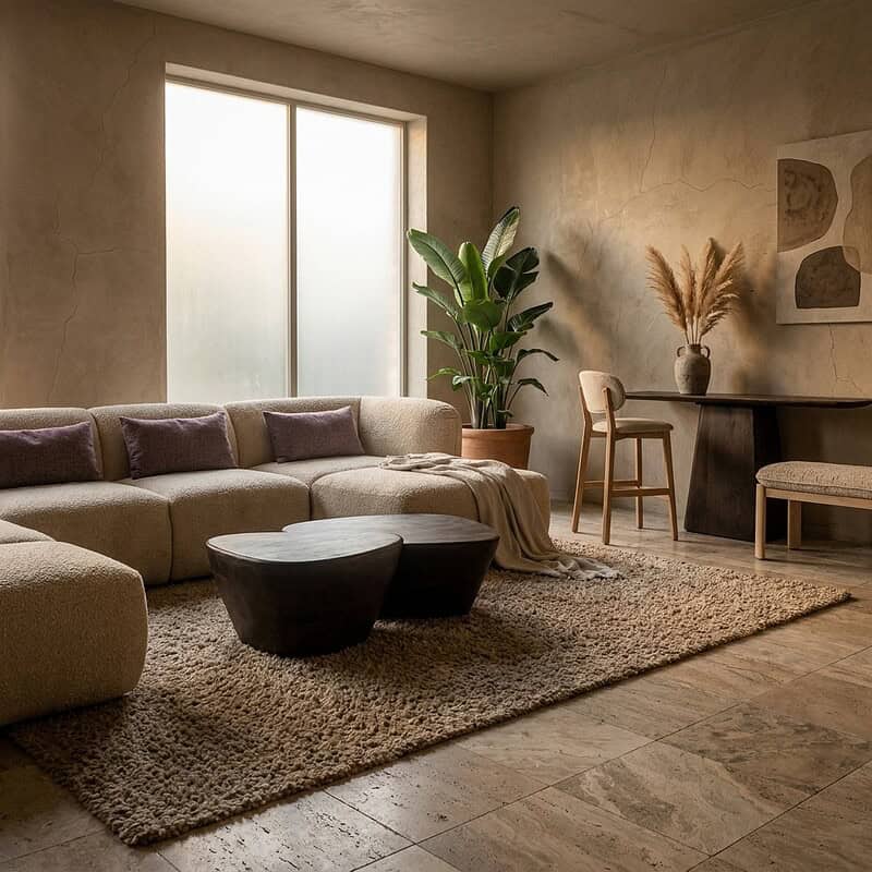 Gezellige woonkamer met moderne houten meubels, grote raam, groene plant en decoratieve elementen, perfect voor een stijlvolle en comfortabele leefruimte.
