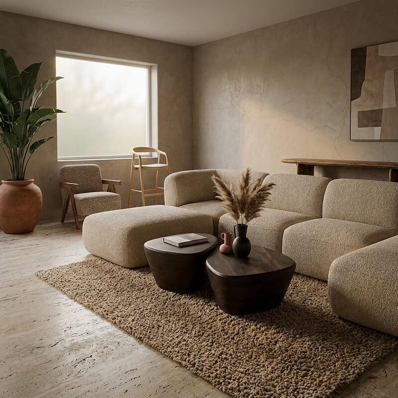 Moderne woonkamer met beige bank, houten salontafels en natuurlijke decoratie, lichte muren en grote ramen voor een warme, uitnodigende sfeer.