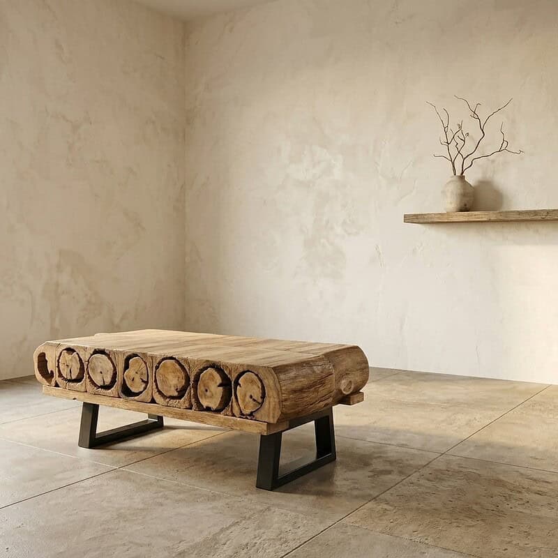 Moderne houten salontafel met natuurlijke afwerking en zwart metalen poten, perfect voor een minimalistisch interieur.