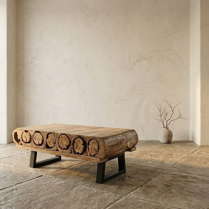 Natuurlijke houten salontafel met uniek boomstamdesign en zwarte metalen poten, perfect voor een modern en rustiek interieur.