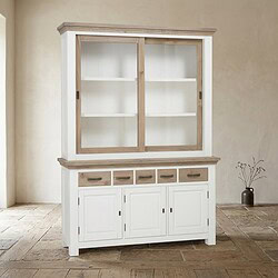 Elegante witte houten kast met glazen schuifdeuren en lade-indeling, perfect voor het opbergen en tonen van servies of decoratie in een moderne of landelijke interieurstijl.