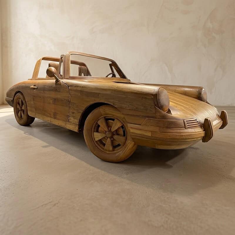 Houten auto model gemaakt van fineerhout, gedetailleerd en ambachtelijk vervaardigd, perfect als decoratief stuk of cadeau.