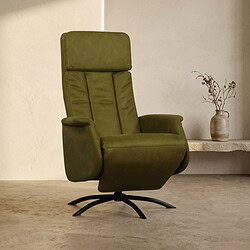 Relaxfauteuil in groene stof met verstelbare functies en ergonomisch ontwerp, perfect voor een stijlvolle en comfortabele zithoek.