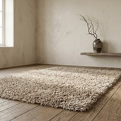Ruime woonkamer met beige, hoogpolige vloerkleed en een vaas met takken op een houten plank, minimalistisch interieur.