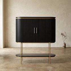 Moderne zwarte houten dressoir met goudkleurige accenten en slanke poten, perfect voor een eigentijdse woonkamer of slaapkamer.
