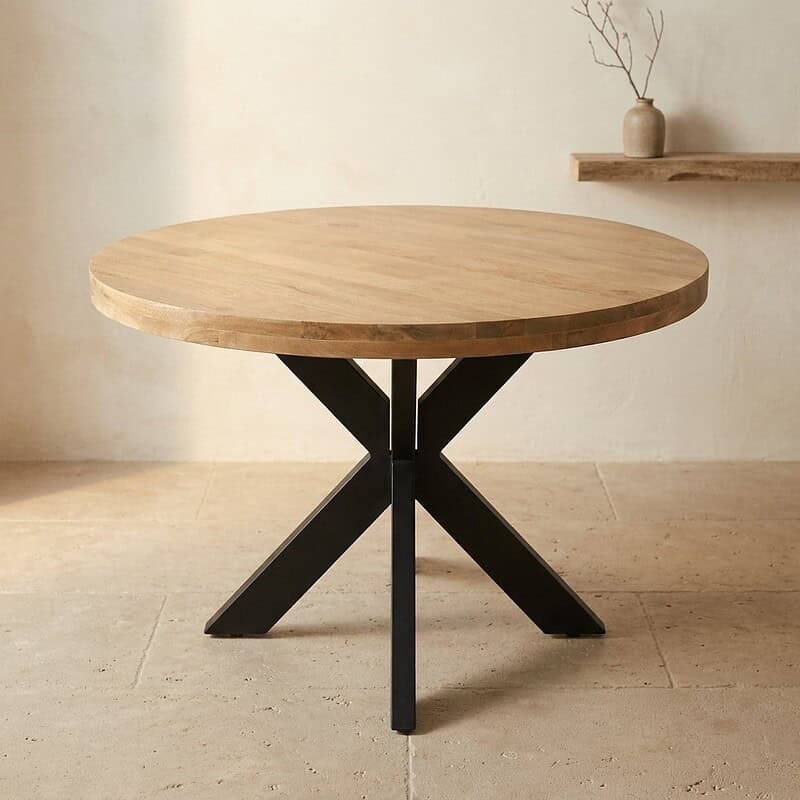 Moderne houten eettafel met zwart metalen onderstel, perfect voor een stijlvolle eetkamer of woonkamer. Duurzaam en elegant design, ideaal voor dagelijks gebruik en speciale gelegenheden.