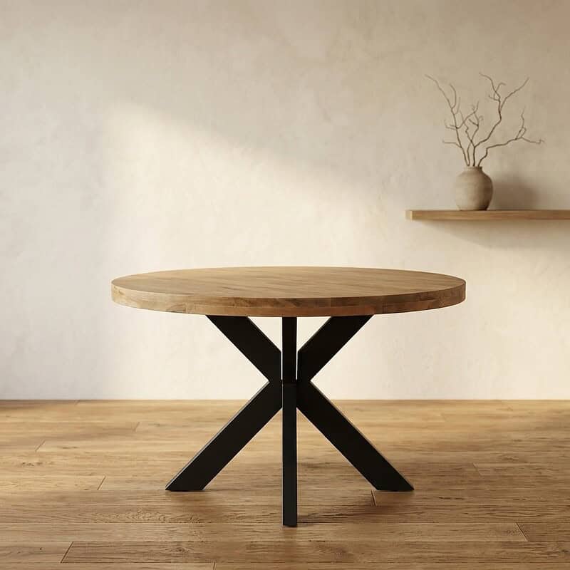 Moderne eettafel met rond houten blad en zwart metalen onderstel, perfect voor een eigentijdse eetkamer of keuken. Duurzaam en stijlvol design voor dagelijks gebruik.