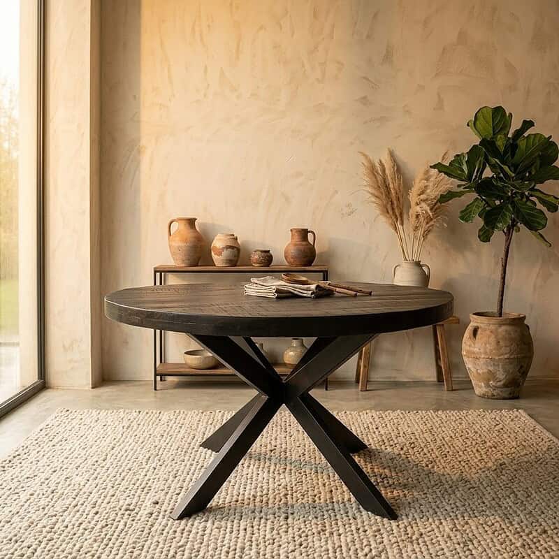 Elegante houten eettafel met zwart onderstel in een minimalistische interieursetting, gecombineerd met keramische vazen en een grote plant voor een natuurlijke sfeer.