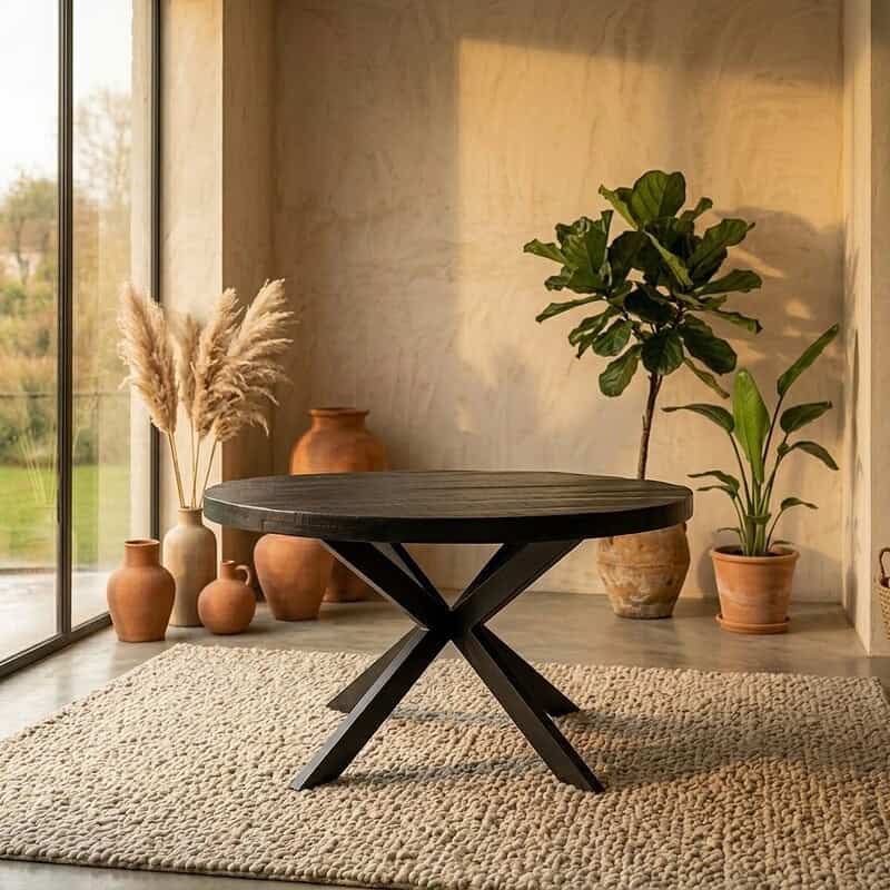 Moderne houten eettafel in een lichte, stijlvolle woonkamer met planten en decoratieve vazen, perfect voor een gezellige eetruimte.