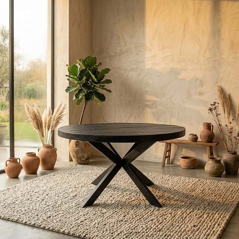 Moderne houten eettafel in een stijlvolle woonkamer met natuurlijke decoratie en grote ramen voor veel natuurlijk licht.