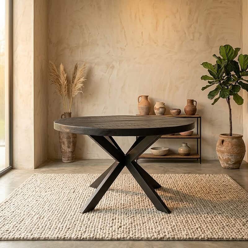 Moderne massief houten eettafel in een minimalistisch interieur met natuurlijke decoratie en keramische vazen, perfect voor een stijlvolle eetruimte.