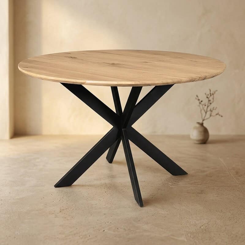 Moderne houten eettafel met zwart metalen onderstel, perfect voor een stijlvolle eetkamer of woonkamer, gemaakt van hoogwaardig hout en met een strak design.