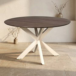 Moderne eettafel met houten blad en unieke witte onderstel, perfect voor een stijlvolle eetkamer of woonruimte. Duurzaam en elegant meubelstuk voor dagelijks gebruik.