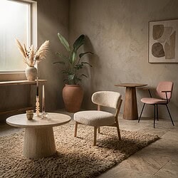 Moderne woonkamer met houten salontafel en comfortabele stoelen, natuurlijke decoratie en zachte verlichting voor een gezellige sfeer.