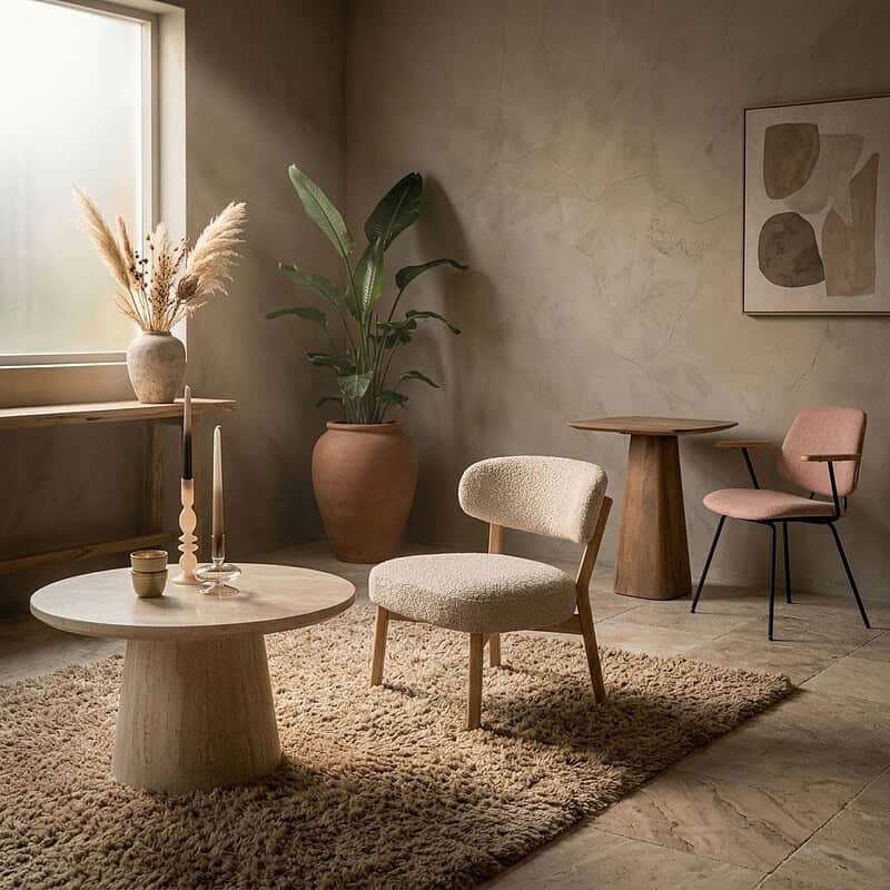 Moderne woonkamer met houten salontafel en comfortabele stoelen, natuurlijke decoratie en zachte verlichting voor een gezellige sfeer.