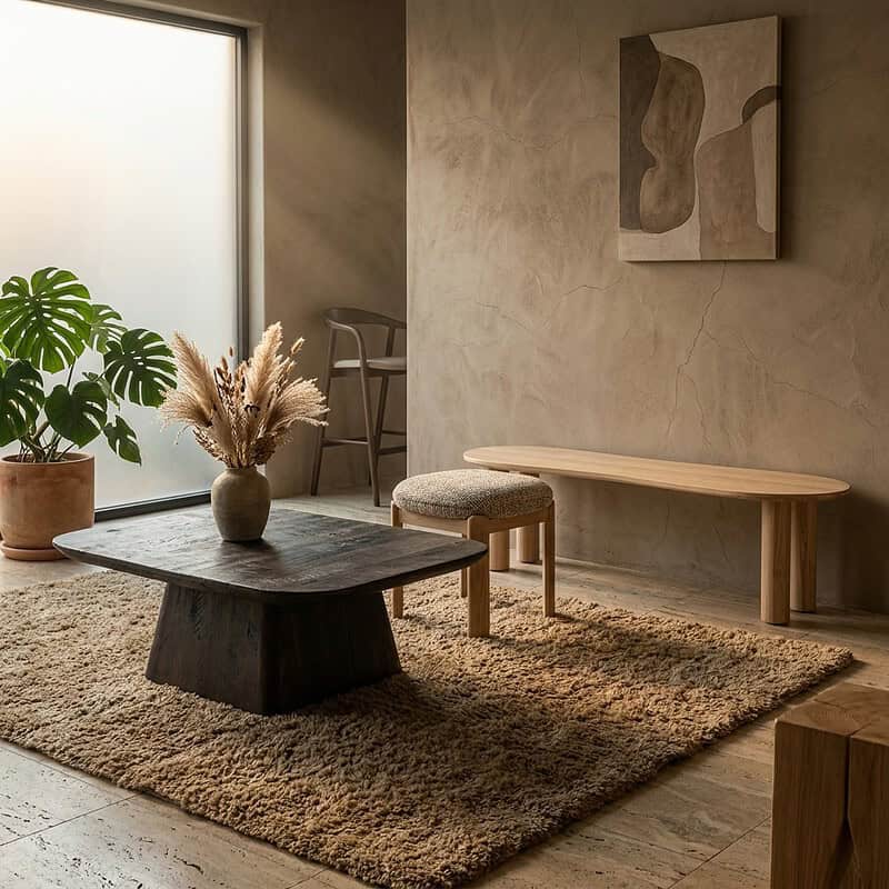 Moderne houten salontafel en bank in minimalistisch interieur met natuurlijke tinten en decoratieve elementen.