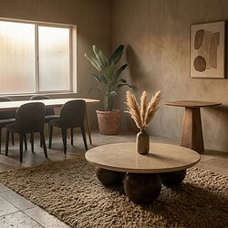 Moderne houten salontafel met decoratieve vaas en planten in een minimalistisch interieur.
