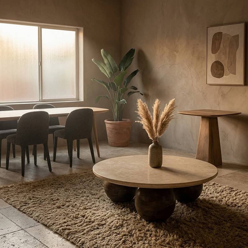 Moderne houten salontafel met decoratieve vaas en planten in een minimalistisch interieur.