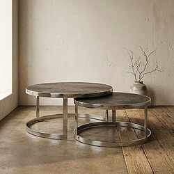 Moderne houten bijzettafels met metalen frame, perfect voor een industrieel interieur, ideaal voor woonkamer of lounge, handgemaakt en duurzaam design.