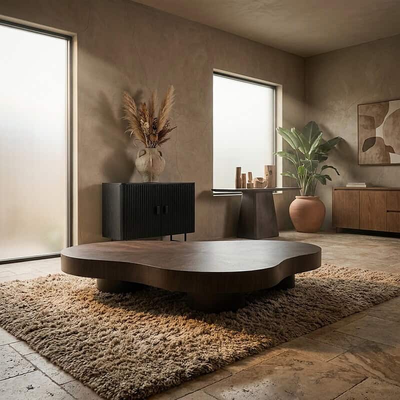 Moderne houten salontafel in stijlvolle woonkamer met natuurlijke decoratie en grote planten, perfect voor een warme en gezellige sfeer.
