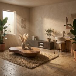 Moderne woonkamer met natuurlijke houten meubels, grote planten en zachte verlichting, perfect voor een gezellige en stijlvolle leefruimte.