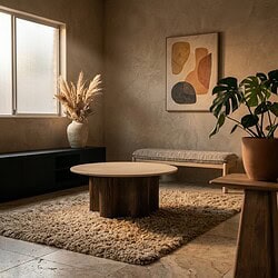 Interieur van een moderne woonkamer met houten tafel, bank en planten, perfect voor stijlvolle en functionele woonruimtes.