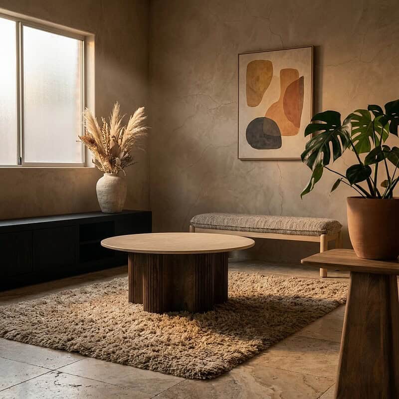 Interieur van een moderne woonkamer met houten tafel, bank en planten, perfect voor stijlvolle en functionele woonruimtes.