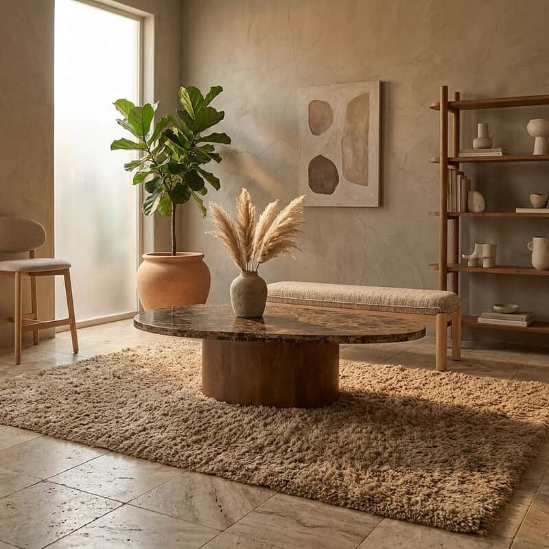 Einrichtung eines modernen Wohnzimmers mit Holzmöbeln, einer großen Pflanze, einem runden Couchtisch und Dekoelementen – perfekt für einen gemütlichen und stilvollen Wohnraum.