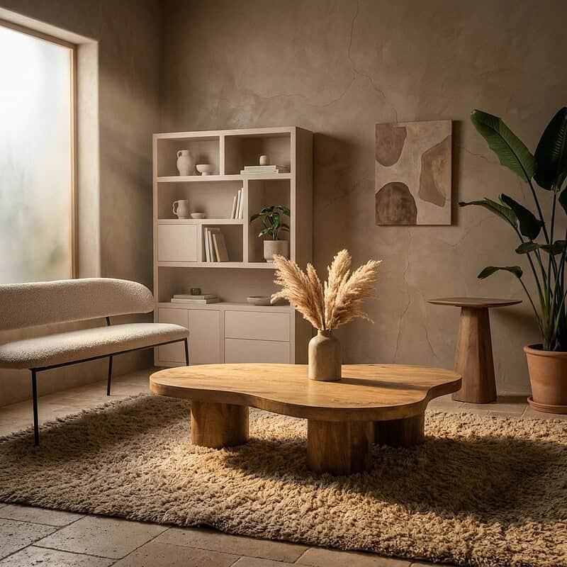 Moderne houten salontafel in een stijlvolle woonkamer met natuurlijke decoraties en zachte verlichting, perfect voor een gezellige en eigentijdse sfeer.