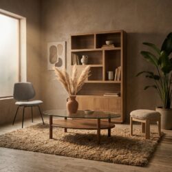 Salontafel Cleo lichtbruin in eiken hout met glazen blad gelakt afwerking