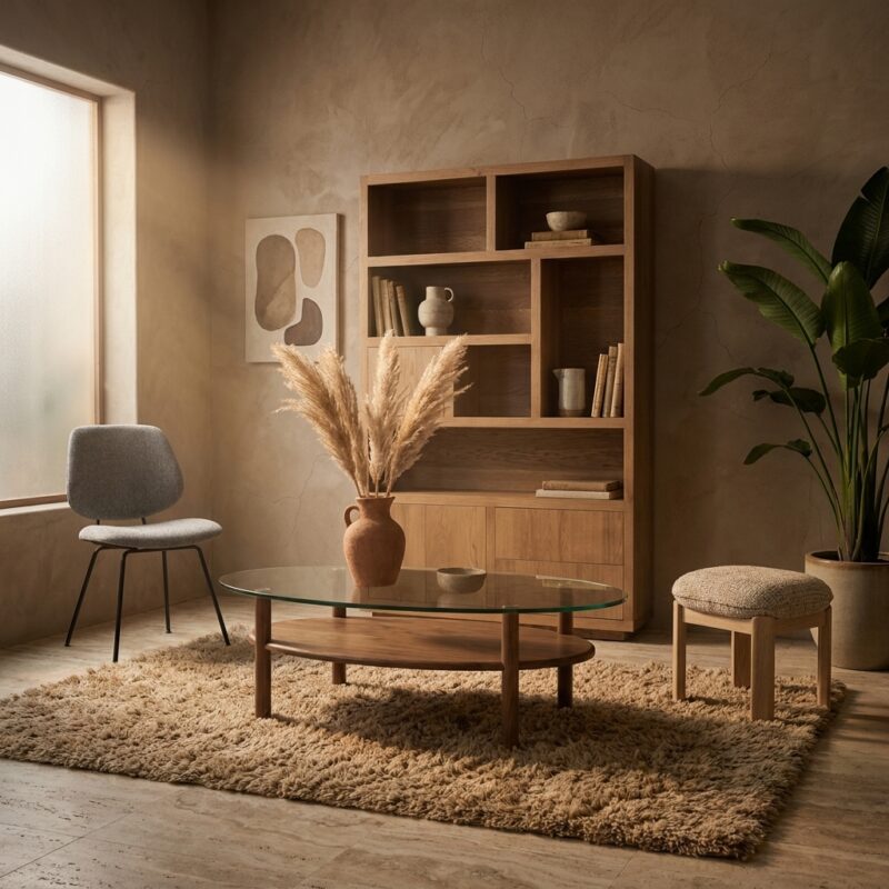 Salontafel Cleo lichtbruin in eiken hout met glazen blad gelakt afwerking