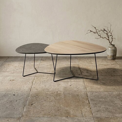 Houten en metalen salontafels set Moderne houten en metalen salontafels set, perfect voor woonkamer decoratie, met een minimalistisch ontwerp en natuurlijke uitstraling.