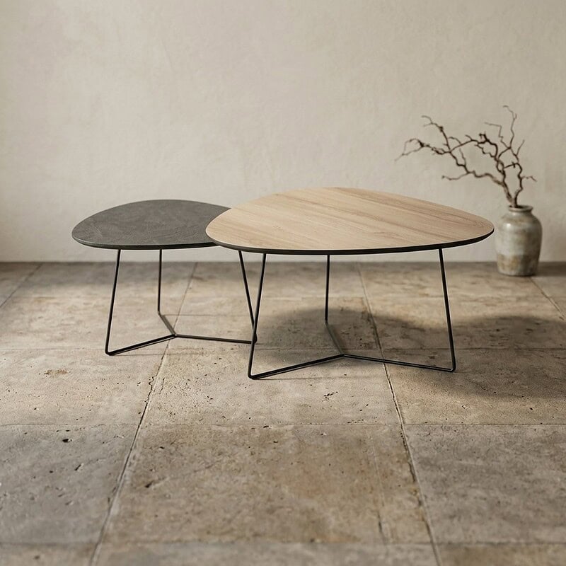 Moderne houten en metalen salontafels set, perfect voor woonkamer decoratie, met een minimalistisch ontwerp en natuurlijke uitstraling.