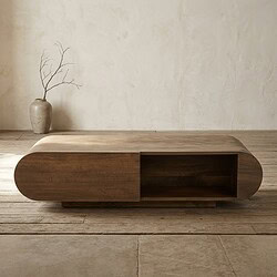 Moderne houten salontafel met afgeronde hoeken en open opbergruimte, perfect voor een eigentijdse woonkamer. Gemaakt van hoogwaardig hout voor duurzaamheid en stijl.