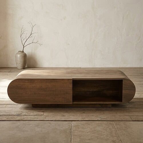 Moderne houten salontafel met afgeronde hoeken en open opbergruimte, perfect voor een eigentijdse woonkamer. Gemaakt van hoogwaardig hout voor duurzaamheid en stijl.