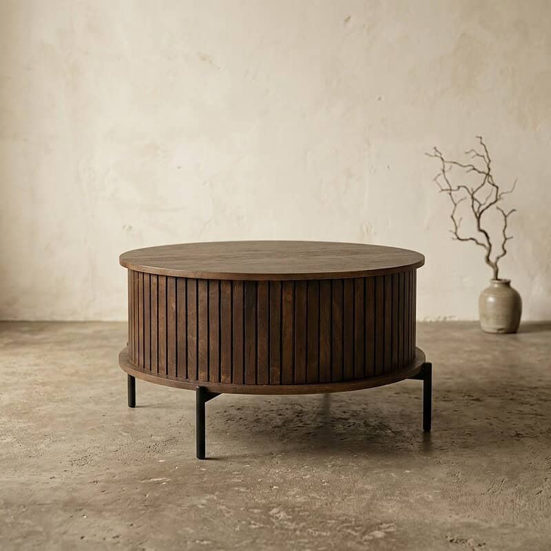 Moderne ronde houten salontafel van Mokana met slanke zwarte metalen poten, perfect voor een eigentijdse woonkamer. Gemaakt van hoogwaardige materialen voor duurzaamheid en stijl.