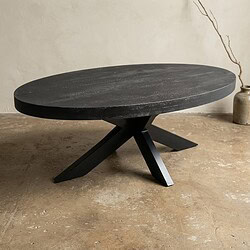 Moderne zwarte eettafel met houten blad en uniek onderstel, perfect voor een stijlvolle eetkamer of woonkamer. Gemaakt van hoogwaardige materialen voor duurzaamheid en design.