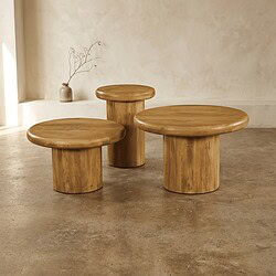 Set aus drei runden Beistelltischen aus Holz von Mokana Meubelen, perfekt für das Wohnzimmer oder die Terrasse, aus nachhaltigem Holz mit natürlicher Oberfläche.