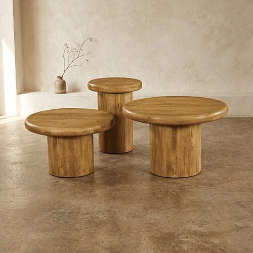 Houten bijzettafels set van Mokana Meubelen Set van drie ronde houten bijzettafels van Mokana Meubelen, perfect voor woonkamer of terras, gemaakt van duurzaam hout met een natuurlijke afwerking.