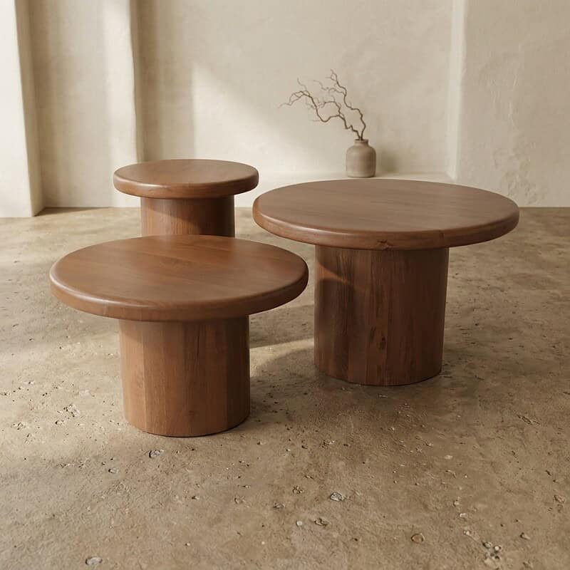 Set van drie ronde houten bijzettafels met natuurlijke afwerking, perfect voor modern interieur en gezellige zithoek. Gemaakt van massief hout, duurzaam en stijlvol.