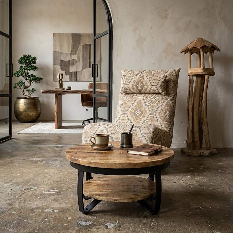 Sfeervol interieur met houten meubels, inclusief een ronde salontafel, een comfortabele armstoel met patroon, en natuurlijke decoraties in een industrieel interieur.