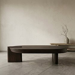 Moderne massief houten eettafel met uniek ontwerp, geschikt voor een strak en minimalistisch interieur, gecombineerd met een decoratieve tak in een vaas op de achtergrond.