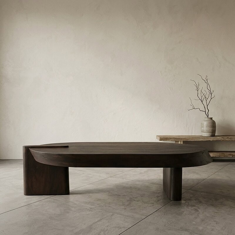 Moderne massief houten eettafel met uniek ontwerp, geschikt voor een strak en minimalistisch interieur, gecombineerd met een decoratieve tak in een vaas op de achtergrond.