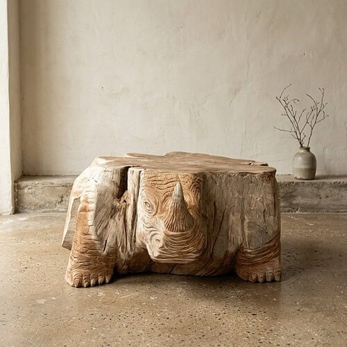 Houten bijzettafel in de vorm van een neushoorn Unieke houten neushoorn bijzettafel, handgemaakt van natuurlijk hout, perfect voor een eclectische interieurstijl.