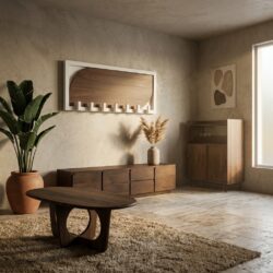 Santa Cruz kapstok 60 met 7 haken in massief mangohout en beige metalen frame
