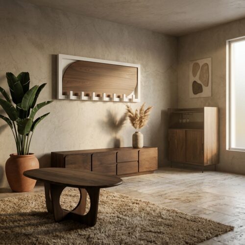 santa-cruz-kapstok-mangohout-7-haken Santa Cruz Garderobe 60 mit 7 Haken aus massivem Mangoholz und beigem Metallrahmen