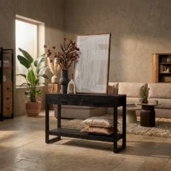 Sidetable Boaz zwart mangohout 120 cm met twee laden en metalen frame